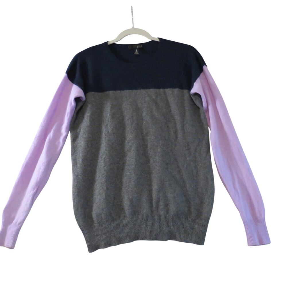 AQUA Womens M 100% Cashmere Sweater Colorblock Navy Gray Lilac Crewneck